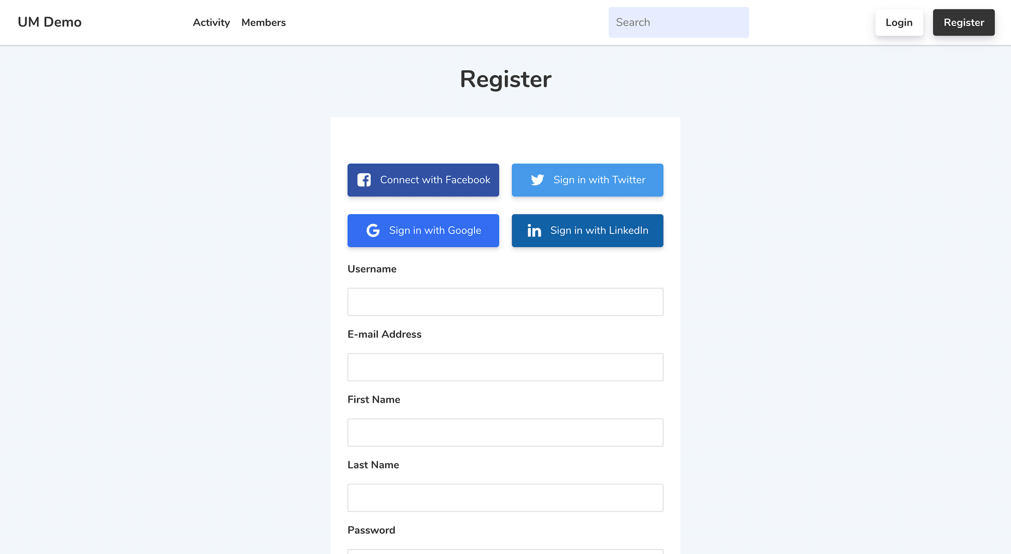 Add social login buttons to registration and login forms. 